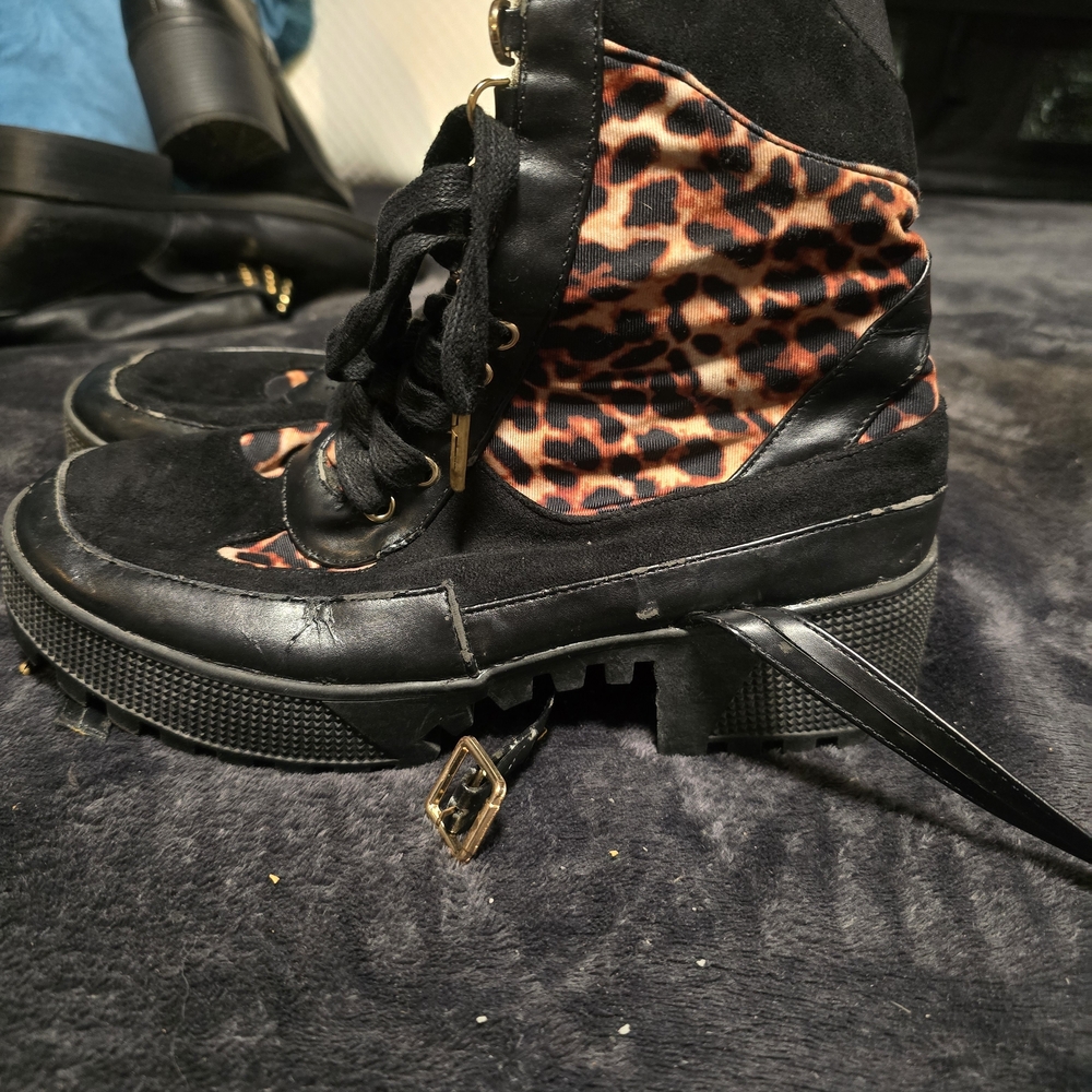 Leopard Print Black Combat Boots